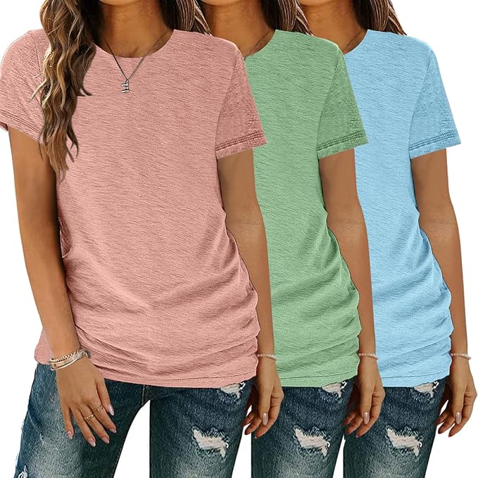 T-Shirt Damen 3er Pack Kurzarm lang Basic Sommer T-Shirts, t-Shirts für Damen mit Rundhalsausschnitt