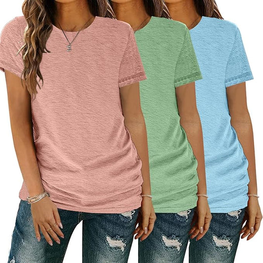 T-Shirt Damen 3er Pack Kurzarm lang Basic Sommer T-Shirts, t-Shirts für Damen mit Rundhalsausschnitt